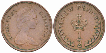 Великобритания 1/2 пенни 1971 Елизавета II (1952-2022) KM 914, Spink 4239 бронза 24-1251