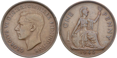 Великобритания 1 пенни 1940 Георг VI (1936-1952) KM 845, Spink 4114 бронза 4117-836