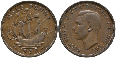 Великобритания 1/2 пенни 1939 Георг VI (1936-1952) KM 844, Spink 4115 бронза 57-1316
