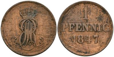 Ганновер 1 пфенниг 1847 A, Эрнст Август (1837-1851) KM 201.2, AKS 130, J. 74 медь 08-1445