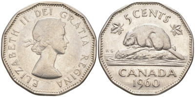 Канада 5 центов 1960 Елизавета II, бобёр KM 50а никель 219-952
