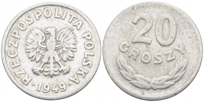 Польша 20 грошей 1949 KM 43а, Parchimowicz 207b алюминий 112-1241