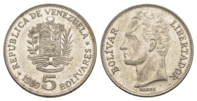 Венесуэла 5 боливаров 1989 Симон Боливар, тонкий шрифт Y 53a.1 сталь плакированная никелем 4583-821