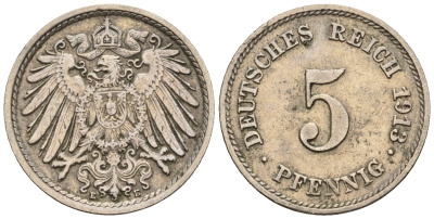 Германия 5 пфеннигов 1913 E, KM 11, J. 12 медно-никель 220-668