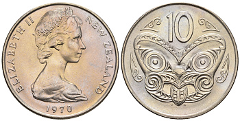 Новая Зеландия 10 центов 1970 Елизавета II (1952-2022), маска маори KM 41.1 медно-никель  UNC  4177-1233
