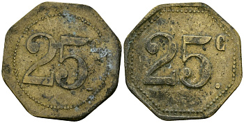 Франция 25 сантимов XIX-XX век ресторанный жетон латунь 4166-615