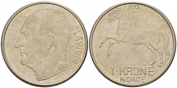 НОРВЕГИЯ 1 КРОНА 1973 ЛОШАДЬ KM 409 медно-никель 3851-1256