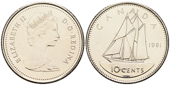Канада 10 центов 1981 Елизавета II (1952-2022), парусник KM 77.2 никель  UNC  4147-358