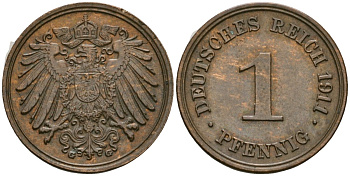 Германия 1 пфенниг 1911 G, Вильгельм II (1888-1918) KM 10, J. 10 медь 4608-621