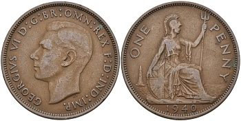 Великобритания 1 пенни 1940 Георг VI (1936-1952) KM 845, Spink 4114 бронза 4574-132
