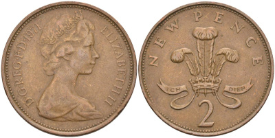 Великобритания 2 пенса 1971 Елизавета II (1952-2022) KM 916, Spink 4235 (C1) бронза 4593-823