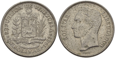 Венесуэла 1 боливар 1967 Симон Боливар KM 42 никель 31-517
