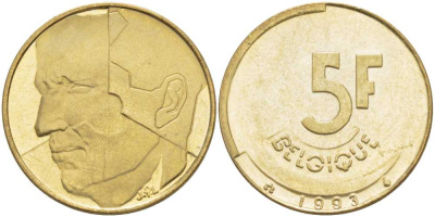 БЕЛЬГИЯ 5 ФРАНКОВ 1993 BELGIQUE, БОДУЭН I (1951-1993) KM 163 латунь или алюминиевая бронза 4364-4412