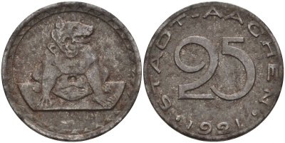 Германия, Аахен 25 пфеннигов 1921 нотгельд, собака железо 4592-854