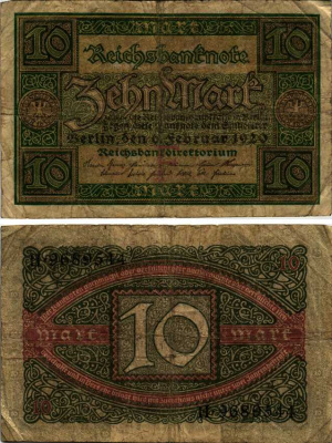 ГЕРМАНИЯ 10 МАРОК 1920 6 ФЕВРАЛЯ 1920, БУКВА F Pick 67a бумага 7183-59-3-1