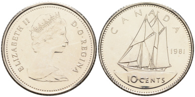 Канада 10 центов 1981 Елизавета II (1952-2022), парусник KM 77.2 никель  UNC  4147-358