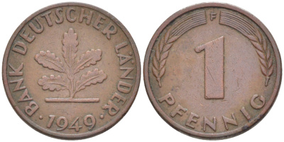 ФРГ 1 ПФЕННИГ 1949 F KM A101, J. 376 сталь плакированная медью 4181-533