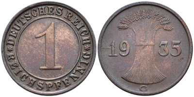 ГЕРМАНИЯ 1 РЕЙХСПФЕННИГ 1935 G KM 37, J. 313, Weege 2 бронза 4547-168