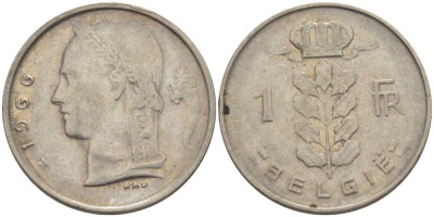 БЕЛЬГИЯ 1 ФРАНК 1966 BELGIE, БОДУЭН I (1951-1993) KM 143.1 медно-никель 202-1027