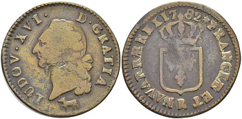 ФРАНЦИЯ 1 СУ 1782 R, МОНДВОР ОРЛЕАН, ЛЮДОВИК XVI (1774-1793) KM 578.14 (С73.3) медь 180-821