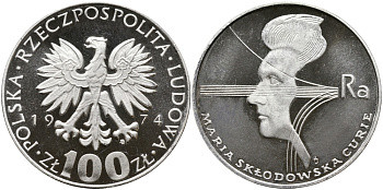 Польша 100 злотых 1974 MW, 40 лет со дня смерти Марии Склодовской-Кюри (1867-1934) KM 71, Parchimowicz 270 серебро PROOF 441-735