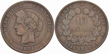 ФРАНЦИЯ 10 САНТИМОВ 1884 A, ТРЕТЬЯ РЕСПУБЛИКА (1871-1940) KM 815.1, LA FRANC 135.28 бронза 97-926