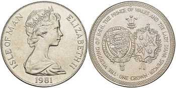 Остров Мэн 1 крона 1981 Королевская свадьба принца Чарльза и леди Дианы, гербы KM 81 медно-никель UNC 4527-323