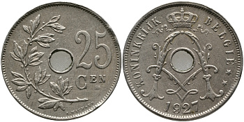 БЕЛЬГИЯ 25 САНТИМОВ 1927 BELGIE KM 69 медно-никель 91-514
