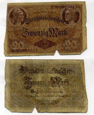 ГЕРМАНИЯ 20 МАРОК 1914 5 АВГУСТА 1914, СЕМИЗНАЧНЫЙ НОМЕР Pick 48b бумага 6283-50-2