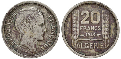 Алжир, Французский 20 франков 1949  KM 91 медно-никель 51-1841