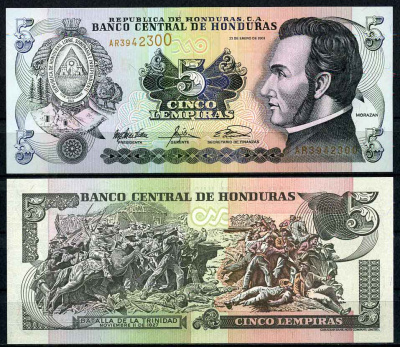 Гондурас 5 лемпира 2003 23 января 2003, Франсиско Морасан, сцена битвы за Тринидад Pick 85c бумага UNC (пресс) 447-34-1-3