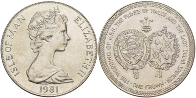 Остров Мэн 1 крона 1981 Королевская свадьба принца Чарльза и леди Дианы, гербы KM 81 медно-никель UNC 4527-323