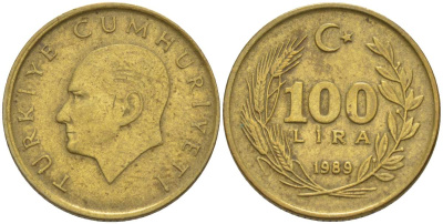 Турция 100 лир 1989 Кемаль Ататюрк KM 988 алюминиевая бронза 4525-613