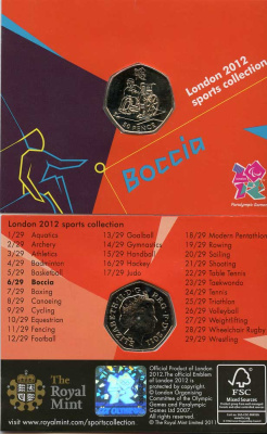 Великобритания 50 пенсов 2011 XXX летние Олимпийские игры в Лондоне в 2012 году, бочча, в оригинальном картонном буклете, с Олимпийской голограммой (6/29) KM 1189 медно-никель  UNC  3-6-6-21