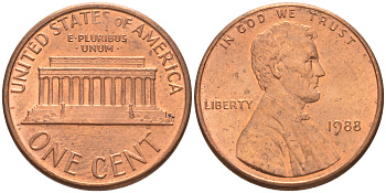 США 1 ЦЕНТ 1988 ЛИНКОЛЬН KM 201b цинк плакированный медью UNC 188-237