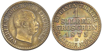 ПРУССИЯ 1 ГРОШ 1873 В, ВИЛЬГЕЛЬМ I (1861-1888) KM 485 серебро 206-247
