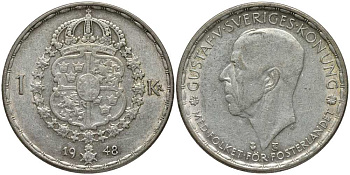 Швеция 1 крона 1948 TS, Густав V (1907-1950) KM 814 серебро 202-542