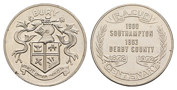 Великобритания жетон в честь 100-летия футбольного клуба Бери 1972 2 победы в Кубке Англии по футболу, в 1900 и 1903 году диаметр 27 мм, вес 8,1 гр медно-никель aUNC 4656-526