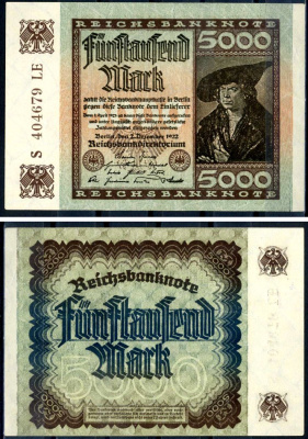 Германия 5000 марок 1922 2 декабря 1922, водяной знак I, серия LE, буква S Pick 81 c бумага 8589-38-3-2