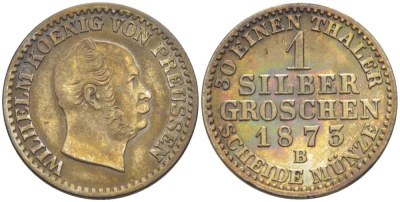 ПРУССИЯ 1 ГРОШ 1873 В, ВИЛЬГЕЛЬМ I (1861-1888) KM 485 серебро 206-247