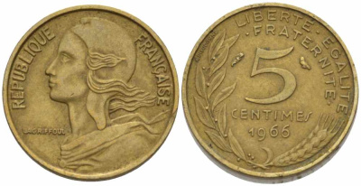 ФРАНЦИЯ 5 САНТИМОВ 1966 ТИП MARIANNE KM 933, LE FRANC 125.2 алюминиевая бронза 105-351