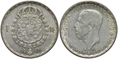 Швеция 1 крона 1948 TS, Густав V (1907-1950) KM 814 серебро 202-542