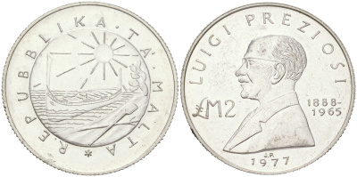 Мальта 2 лиры 1977 Луиджи Прециози KM 46 серебро BU 4044-1344