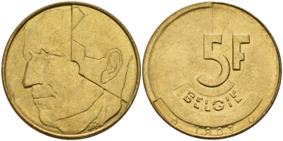 Бельгия 5 франков 1993 Belgie KM 164 алюминиевая бронза плакированная латунью    4187-436