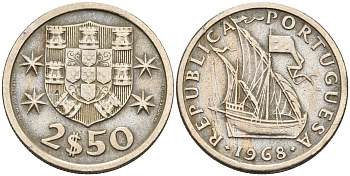 Португалия 2,5 эскудо 1968 парусник KM 590 медно-никель    4160-1211