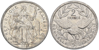Французская Новая Каледония 2 франка 2003 птица кагу, (IEOM) KM 14, Schoen 11, Lec 68h алюминий    25-1212