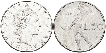 Италия 50 лир 1977 R, Бог огня Вулкан у наковальни KM 95.1 нержавеющая сталь 4525-625