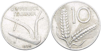 ИТАЛИЯ 10 ЛИР 1956 R, ПЛУГ, КОЛОСЬЯ KM 93 алюминий 175-414