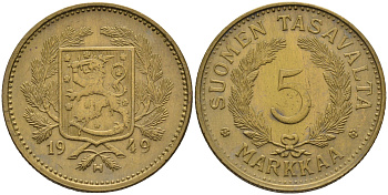 Финляндия 5 марок 1949 H КМ 31a латунь    4177-322