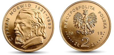 Польша 2 злотых 2013 MW, Циприан Камиль Норвид KM 856 нордик UNC 4676-946